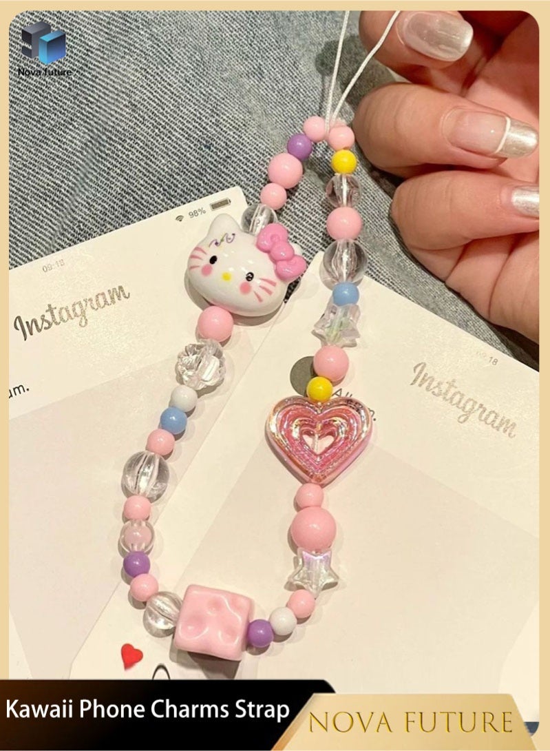 Nova future Kawaii Beaded  Phone Charms Strap Cute kitten Cell Phone Lanyard Wrist Strap - Image 1